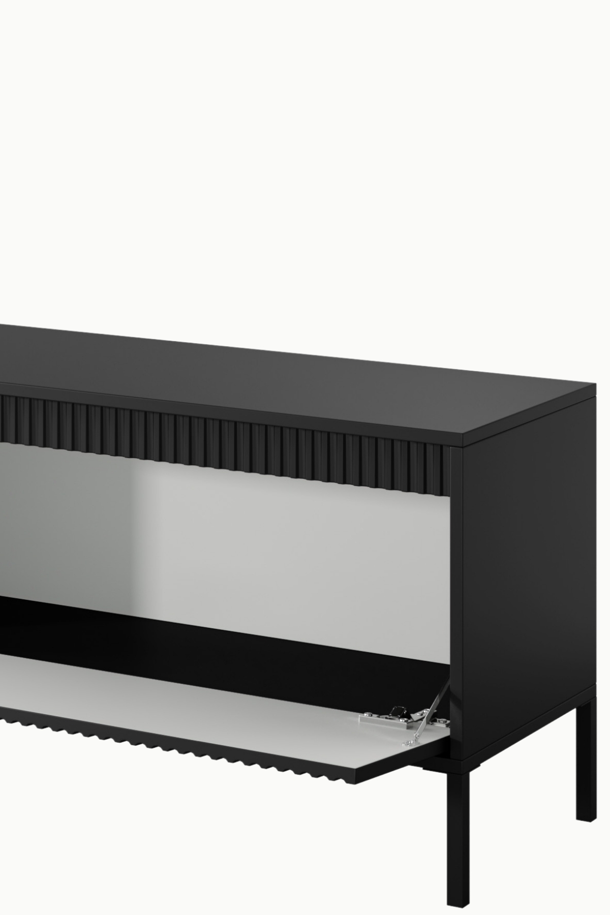 Meuble TV Senso noir 187cm, design moderne avec façade cannelée et portes battantes , idéal salon contemporain.