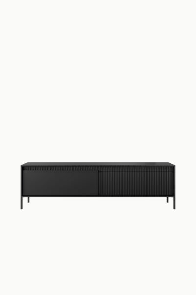 Meuble TV Senso noir 187cm, design moderne avec façade cannelée et portes battantes , idéal salon contemporain.