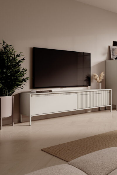 MEUBLE TV Senso beige 187cm, design moderne avec façade cannelée, portes battantes, idéal salon contemporain.