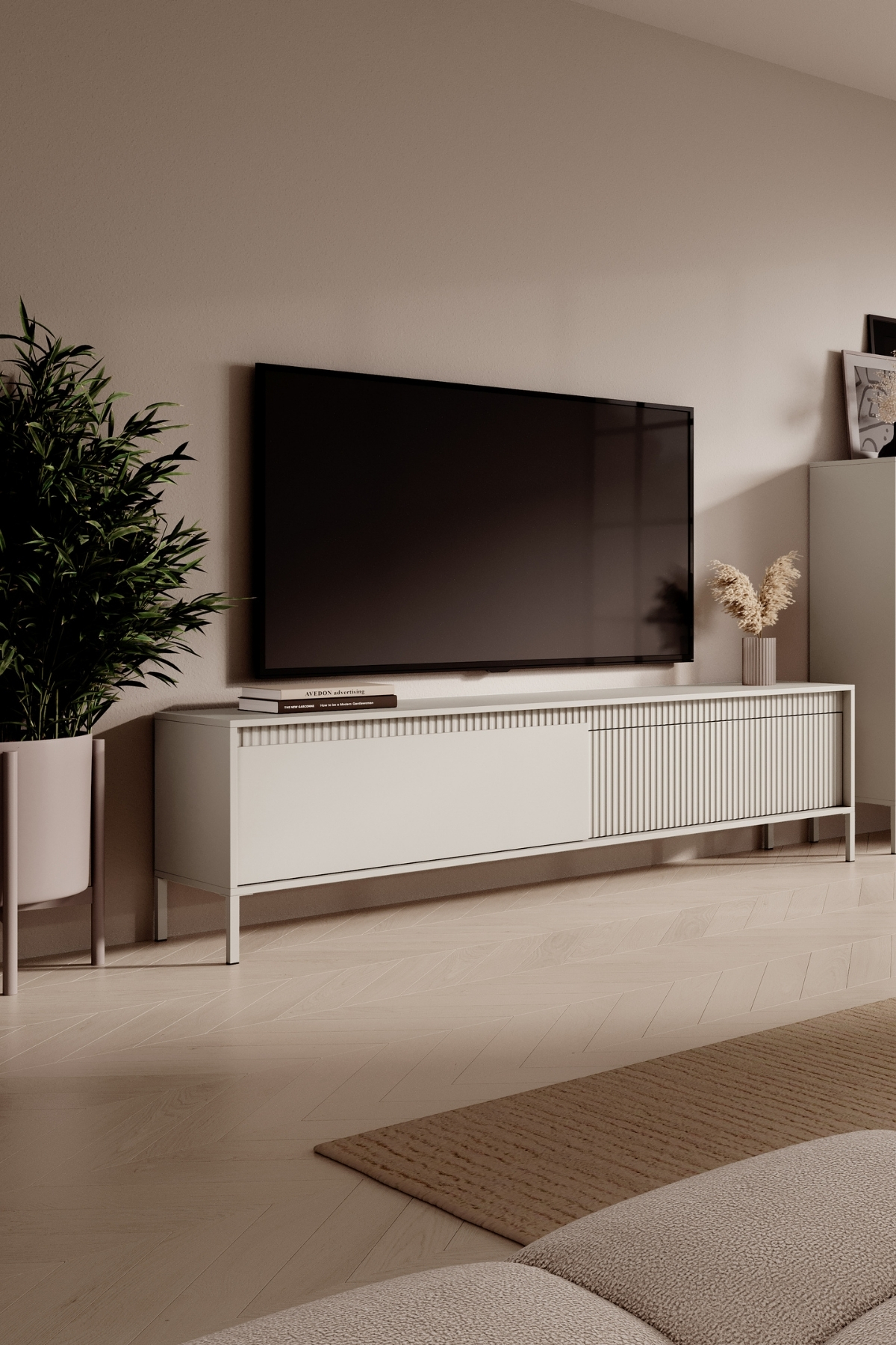 MEUBLE TV Senso beige 187cm, design moderne avec façade cannelée, portes battantes, idéal salon contemporain.