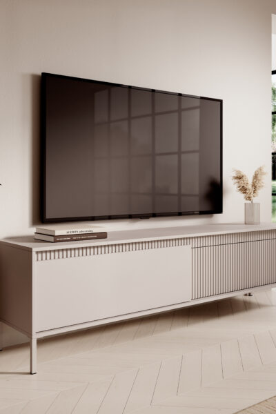 MEUBLE TV Senso beige 187cm, design moderne avec façade cannelée, portes battantes, idéal salon contemporain.