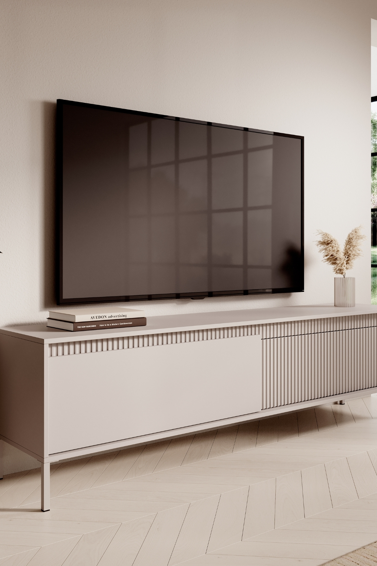 MEUBLE TV Senso beige 187cm, design moderne avec façade cannelée, portes battantes, idéal salon contemporain.