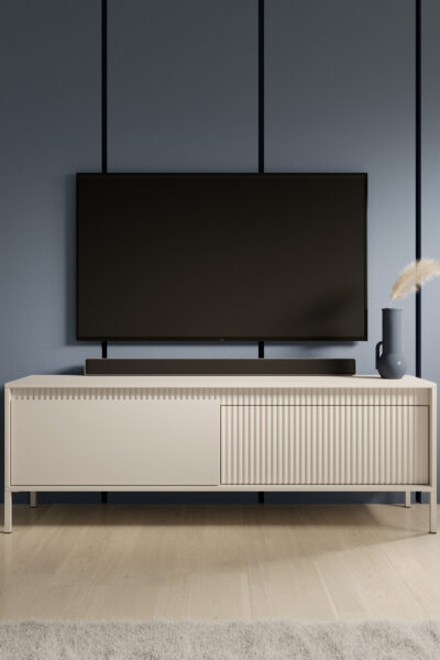 MEUBLE TV Senso beige 153cm, design moderne avec façade cannelée, portes battantes, idéal salon contemporain.
