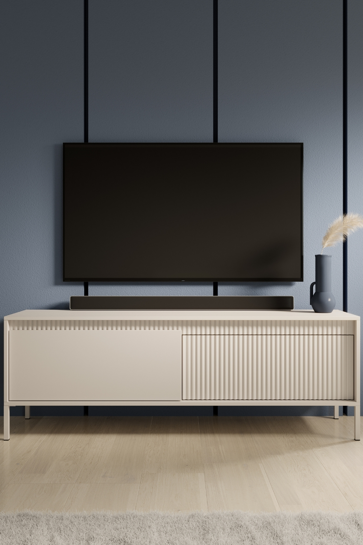 MEUBLE TV Senso beige 153cm, design moderne avec façade cannelée, portes battantes, idéal salon contemporain.