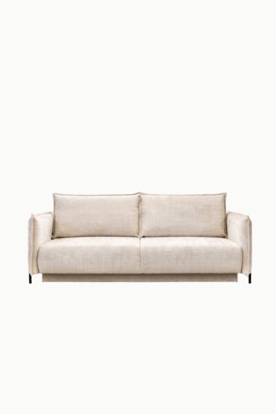 canapé Amelie en tissu chenille, modèle droit avec accoudoirs fins, assises épaisses, dossier à coussins hauts, convertible avec coffre de rangement