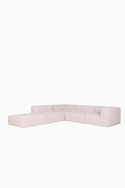 canapé d’angle réversible et modulable Sofia en tissu chenille beige, design moderne avec assises larges