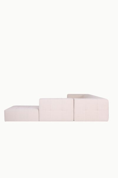 canapé d’angle réversible et modulable Sofia en tissu chenille beige, design moderne avec assises larges