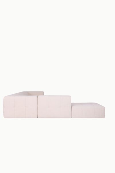 canapé d’angle réversible et modulable Sofia en tissu chenille beige, design moderne avec assises larges