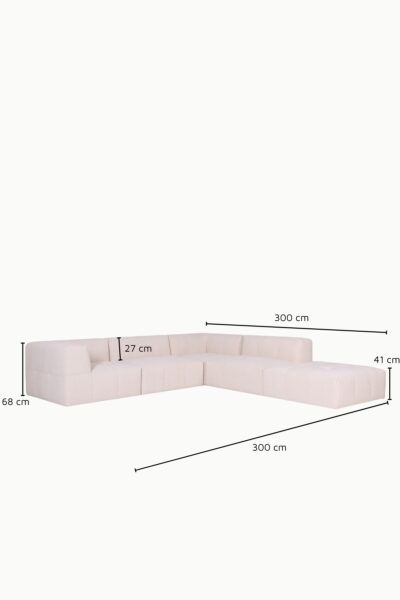 canapé d’angle réversible et modulable Sofia en tissu chenille beige, design moderne avec assises larges