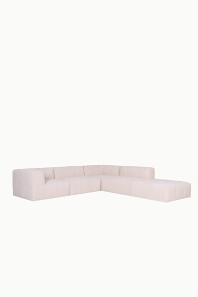 canapé d’angle réversible et modulable Sofia en tissu chenille beige, design moderne avec assises larges