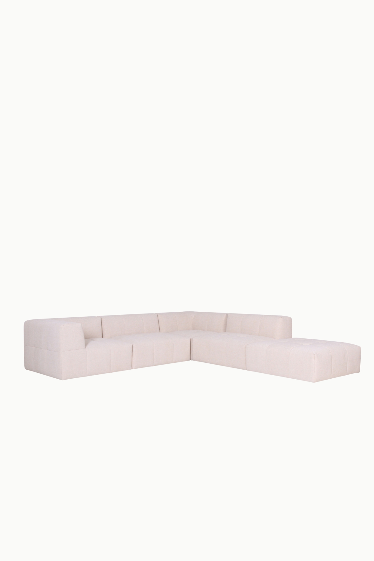 canapé d’angle réversible et modulable Sofia en tissu chenille beige, design moderne avec assises larges