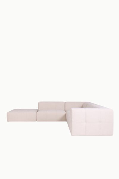 canapé d’angle réversible et modulable Sofia en tissu chenille beige, design moderne avec assises larges