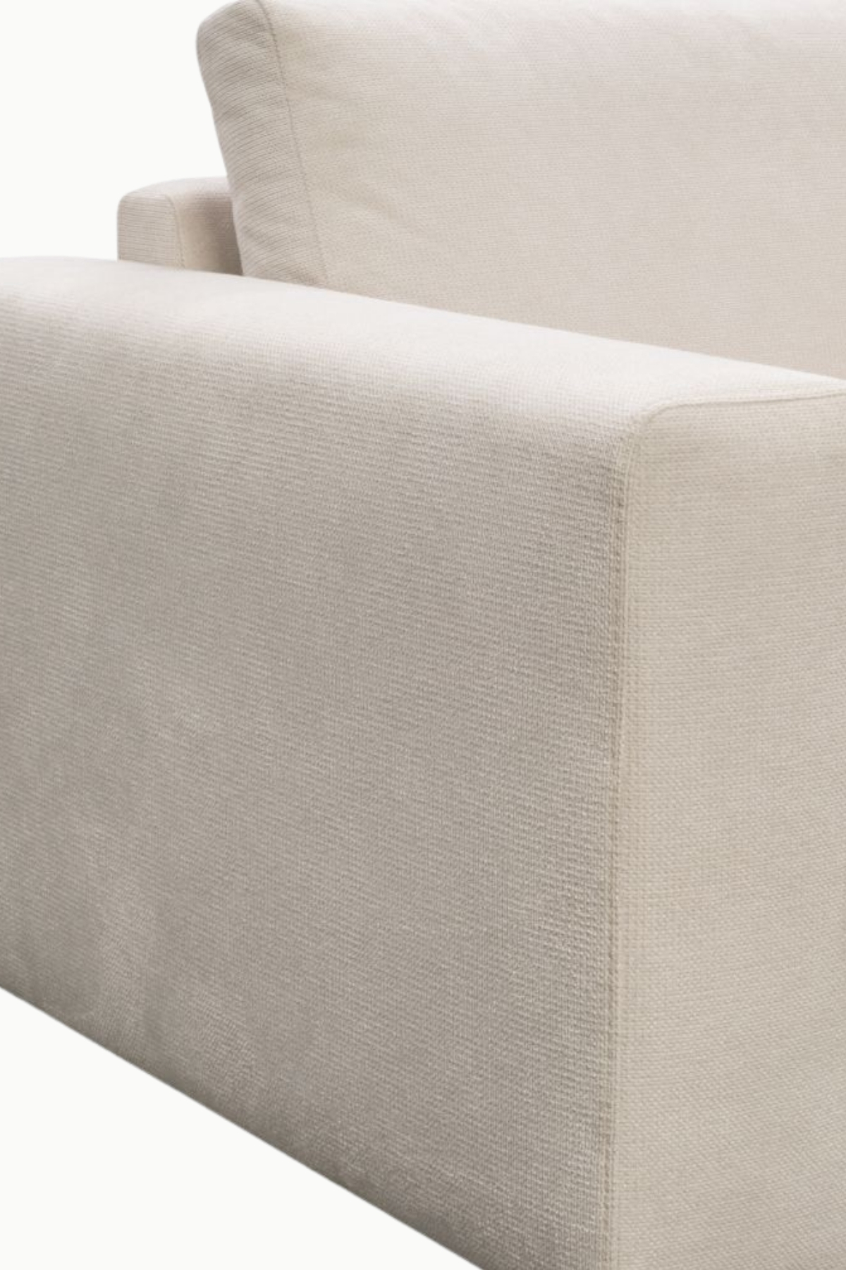 canapé d’angle Riviera en tissus chenille écru, avec accoudoirs larges, assise profonde et méridienne