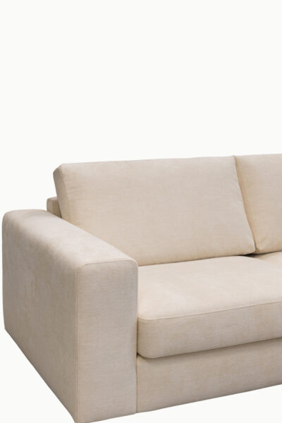 canapé Riviera 5/6 places en velours beige, format 300×167 cm, style moderne