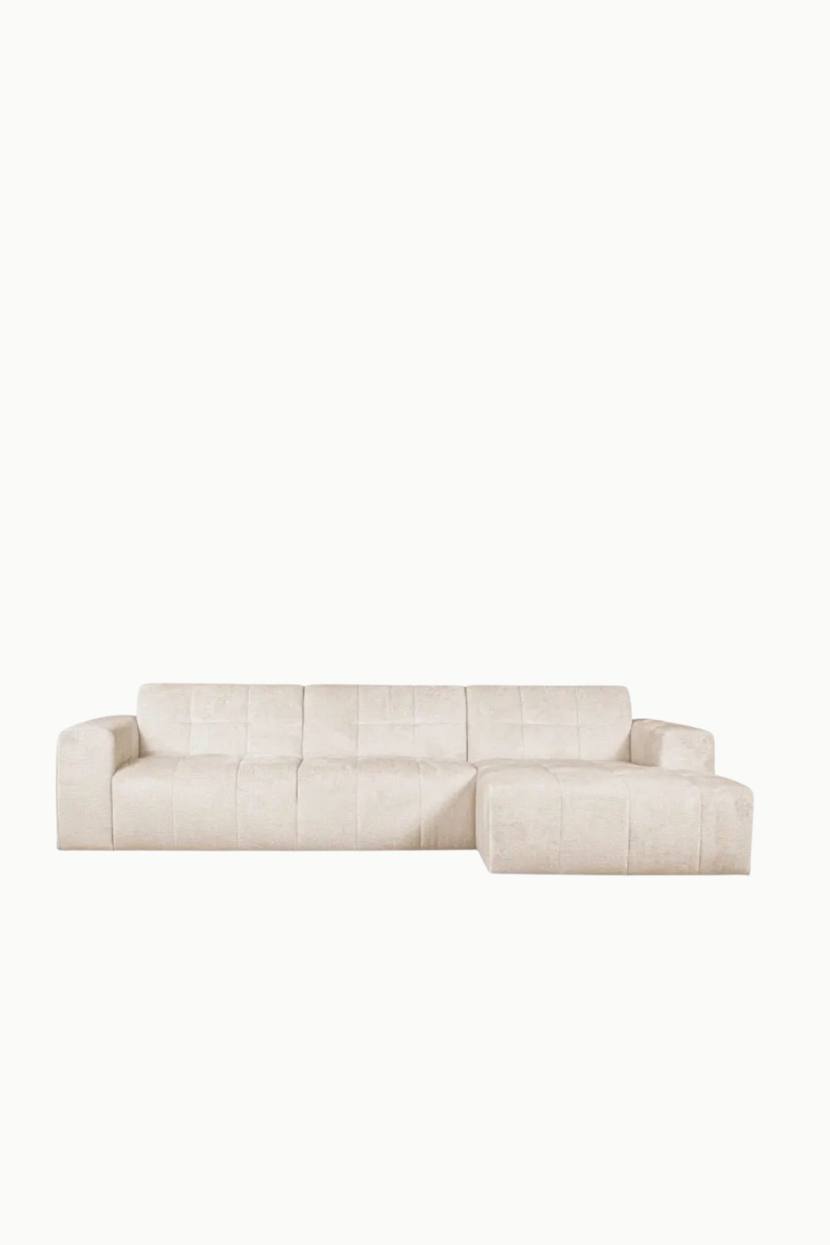 canapé d’angle Verona en tissu, design moderne avec lignes capitonnées, assise profonde et accoudoirs larges, coloris beige