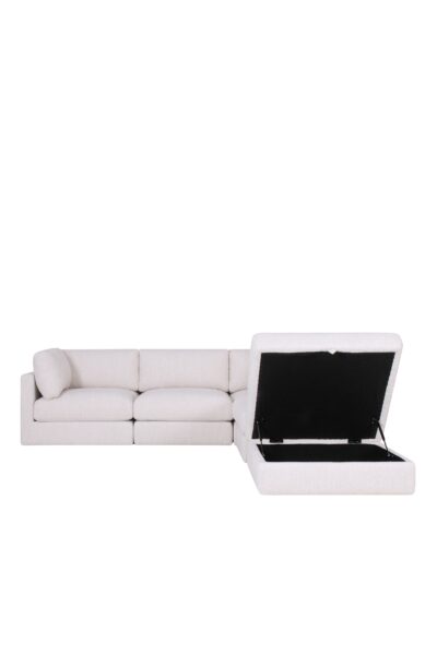 canapé d’angle modulable Kalia en tissu chenille beige avec pouf coffre de rangement