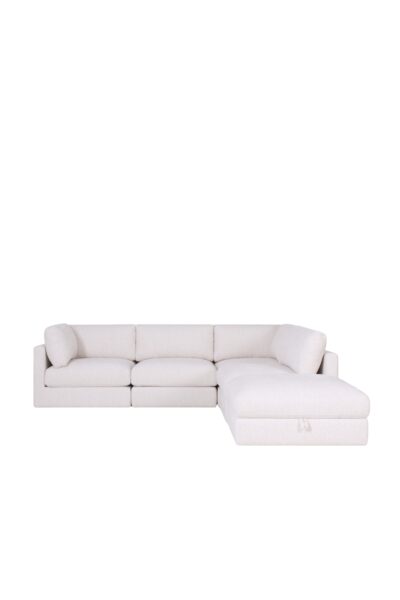 canapé d’angle modulable Kalia en tissu chenille beige avec pouf coffre de rangement