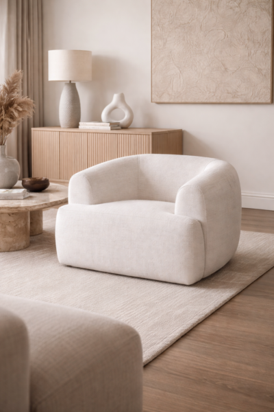 Fauteuil une place Winston en tissu chenille, design contemporain et assise confortable pour salon moderne