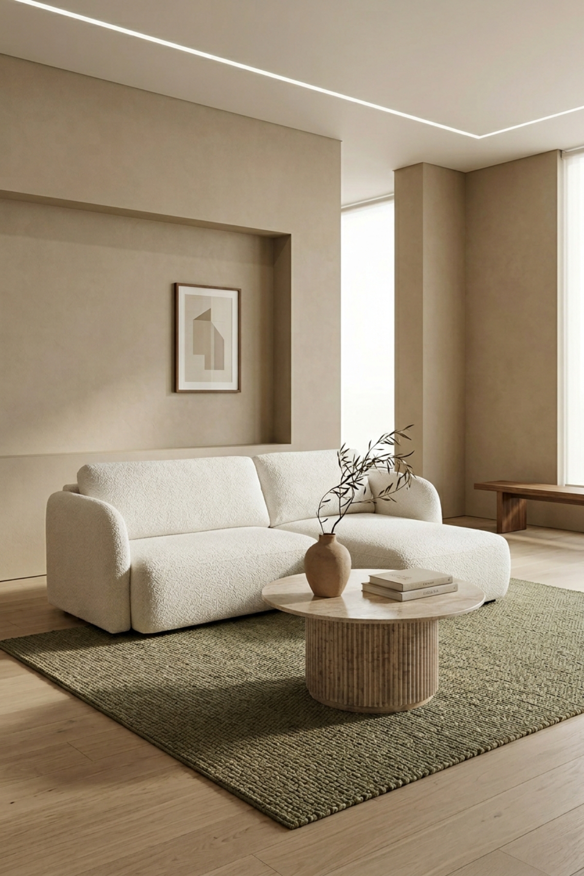 canapé d'angle convertible design, cocooning, avec coffre de rangement, tissu chenille écru