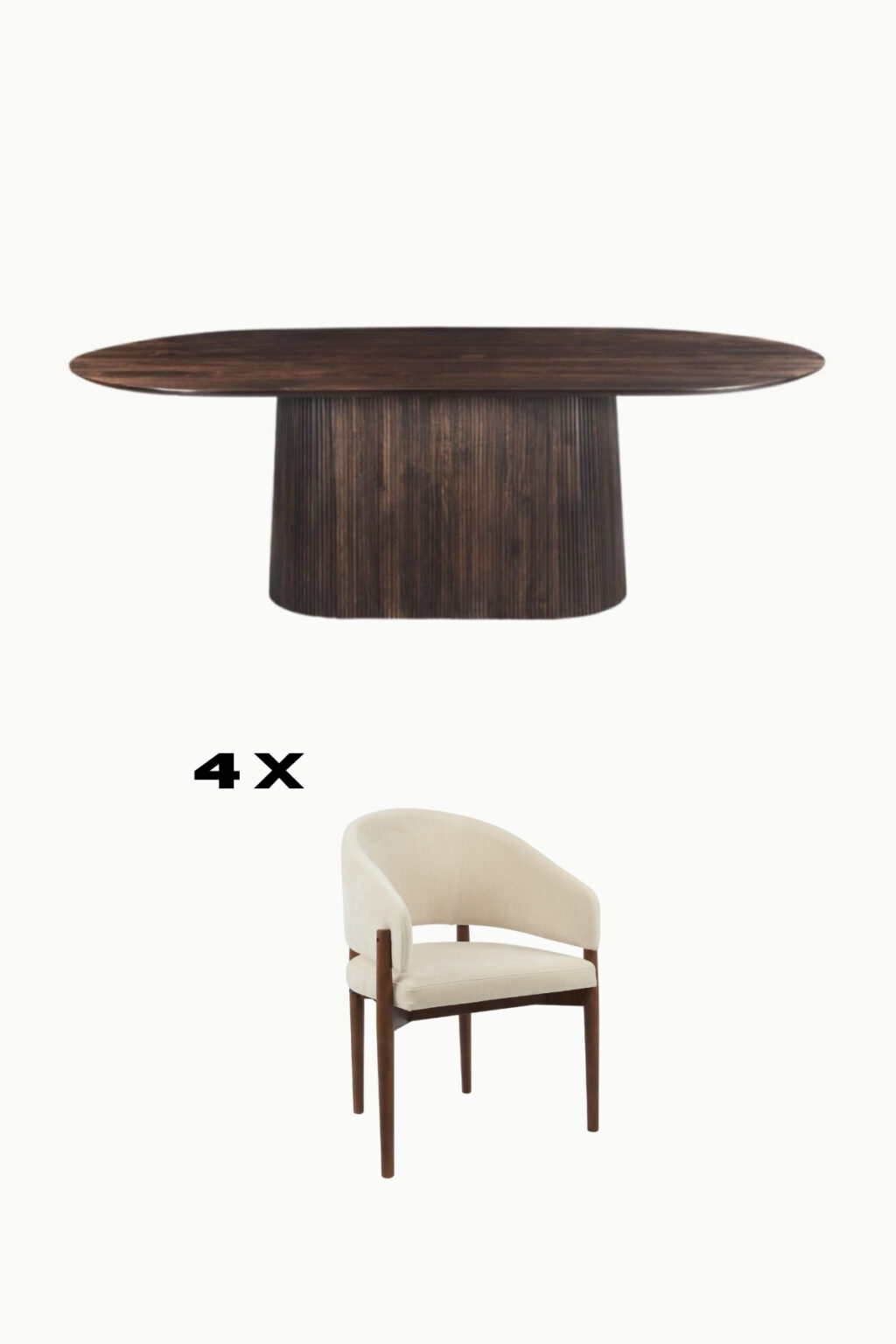Table à manger en bois de manguier couleur noyer foncé, pieds trié et chaises tissu chenille avec accoudoir. Style japandi