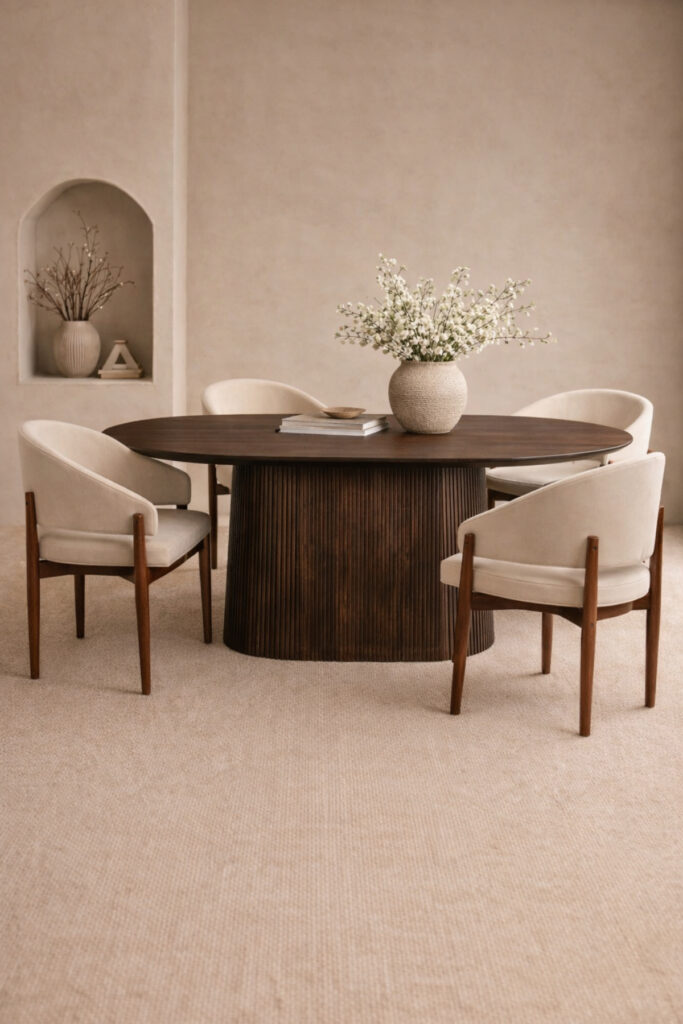 PACK GINA ET ROSA (2) Table à manger en bois de manguier couleur noyer foncé, pieds trié et chaises tissu chenille avec accoudoir. Style japandi