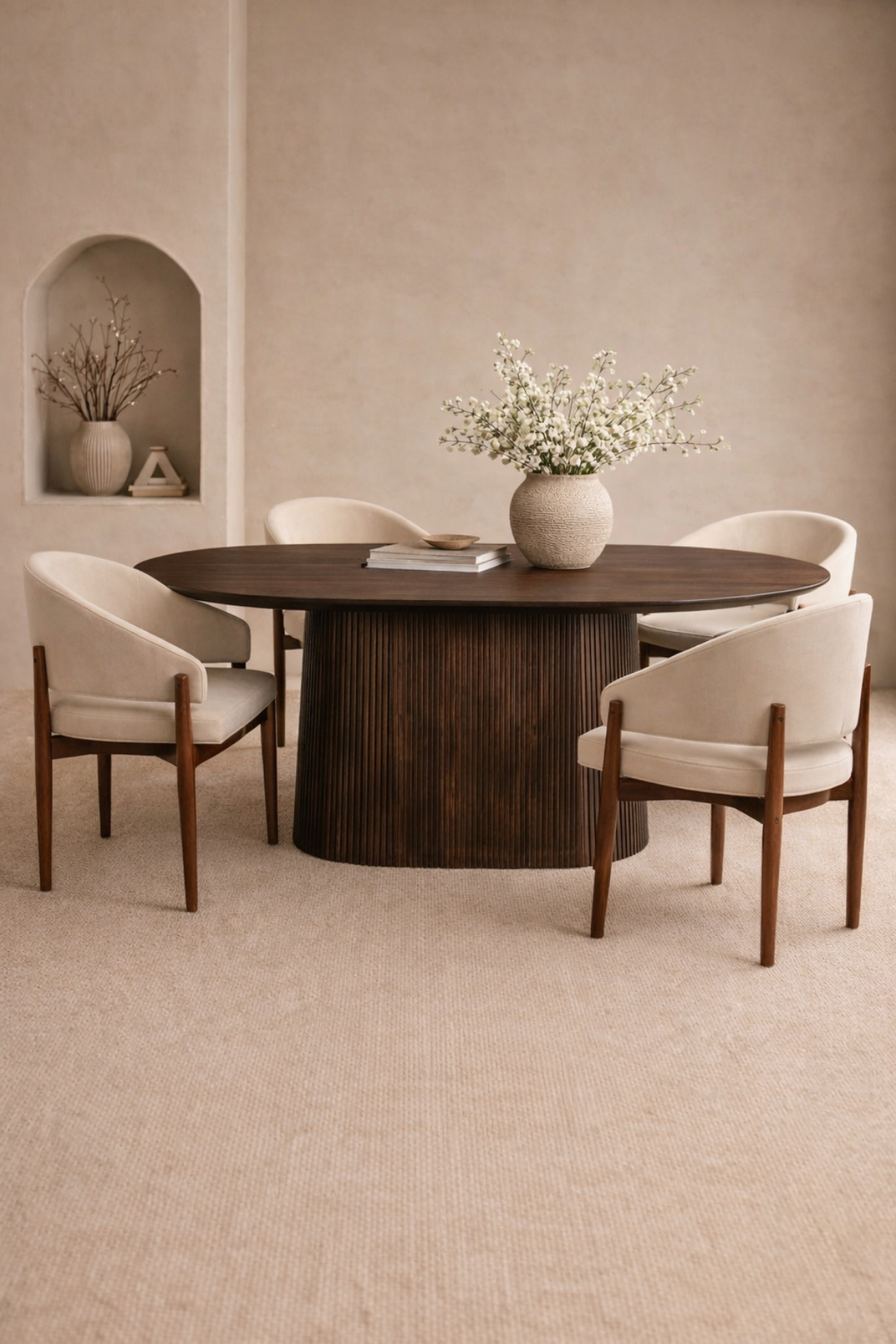 Table à manger en bois de manguier couleur noyer foncé, pieds trié et chaises tissu chenille avec accoudoir. Style japandi