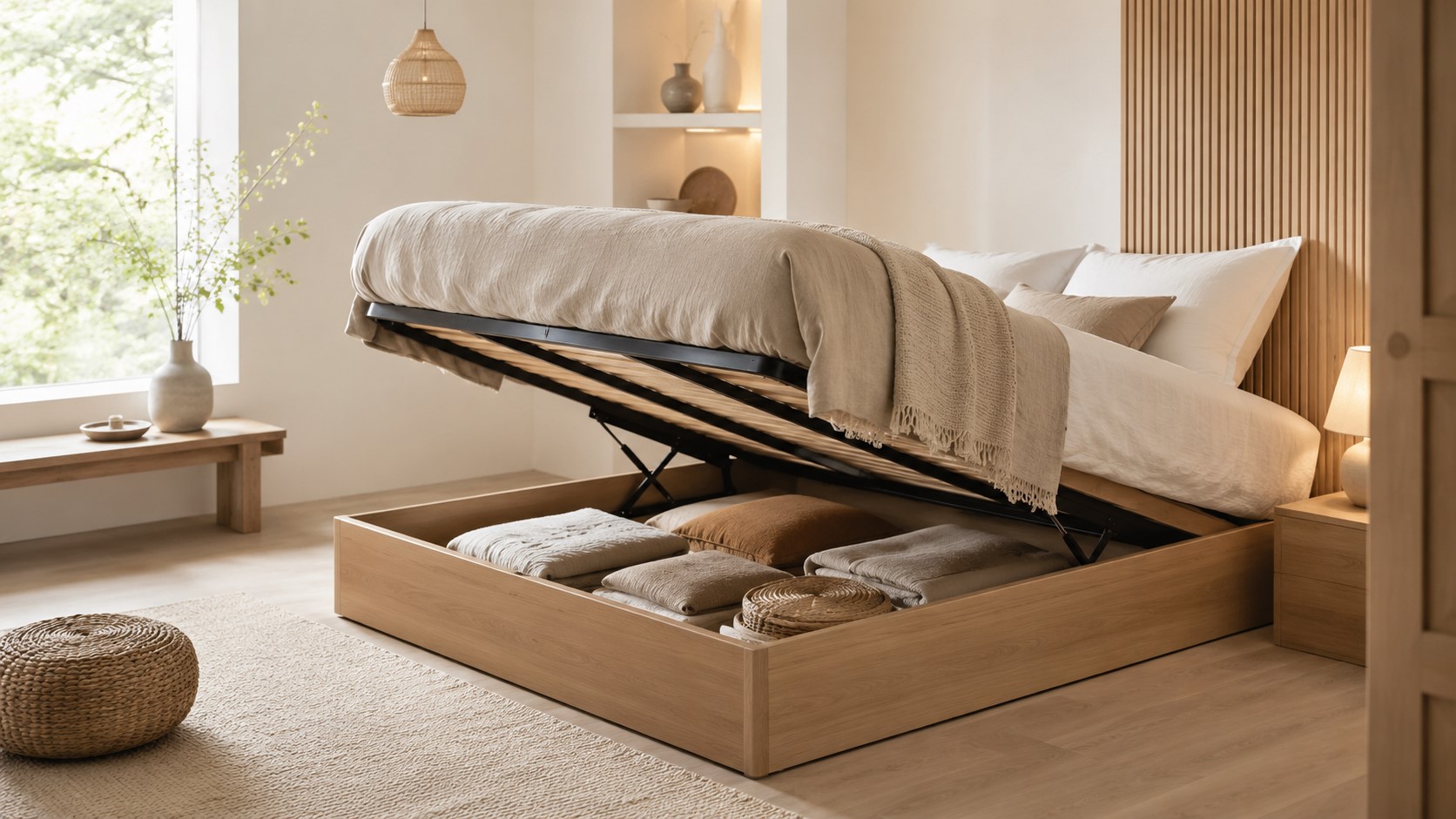 lit coffre mecanisme verins ouverture rangement Mécanisme à vérins d'un lit coffre ouverture fluide et volume de rangement intérieur